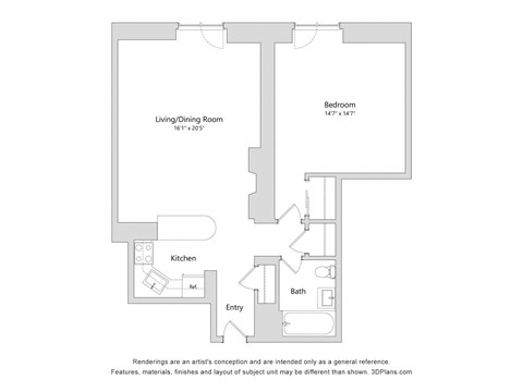 Floor plan for 1 bed, 1 bath, 493 sqft